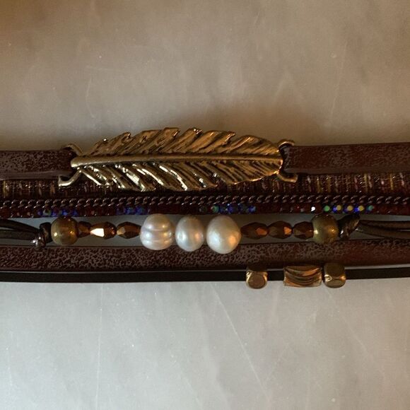 Seascape Serenity Brown Boho Cuff Bracelet - Real Cultured Pearls & Leaf Charm - Picture 5 of 6